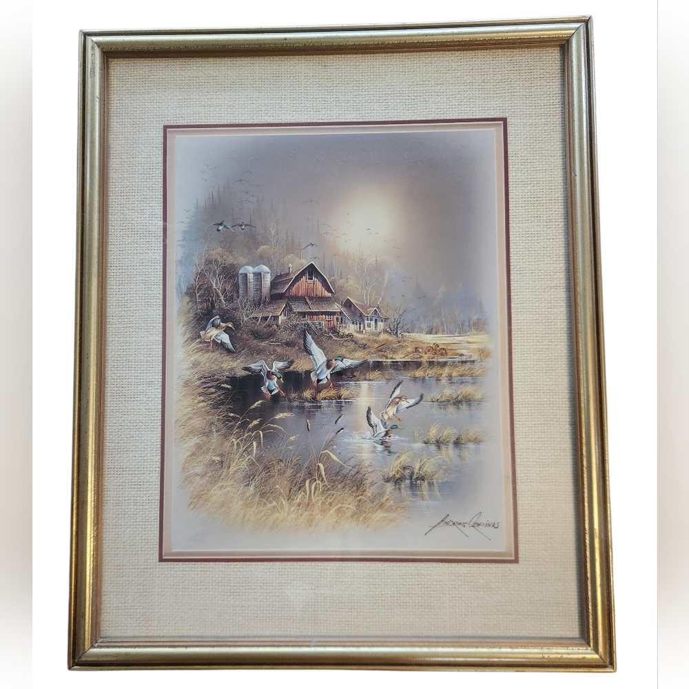 ANDRES ORPINAS Old Barn Pond Ducks Signed Framed Glass Print 21" X 18" Painting